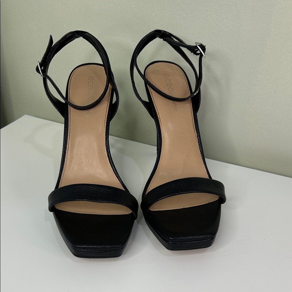 BCBGeneration Caroline Black Textured Ankle Strap Heels – Size 11M